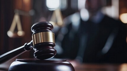 Focused gavel with a blurred figure in the background, symbolizing judicial authority