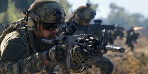 a VR military training simulation, detailed environment with realistic combat scenarios, user honing tactical skills