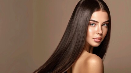Naklejka premium With her long, straight dark brown hair cascading down her back, the woman turns slightly, showcasing her natural beauty and captivating expression in warm afternoon light