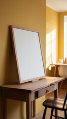 A minimalist interior featuring a wooden table, a mirror, and a chair in a sunlit room.