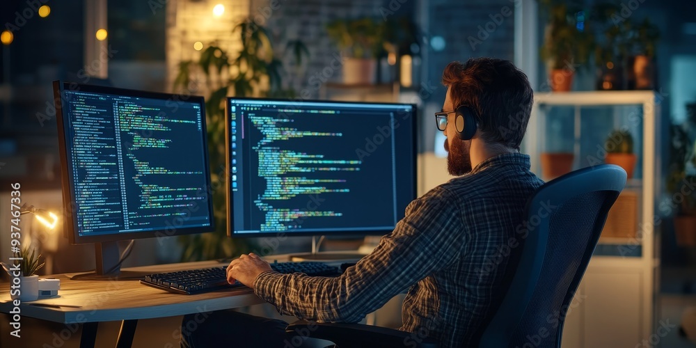 Poster Detailed view of a developer integrating a back-end framework, API endpoints and database connections in focus