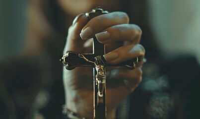 Fototapeta premium Woman's hand with cross .Concept of hope, faith, christianity, religion, church online.