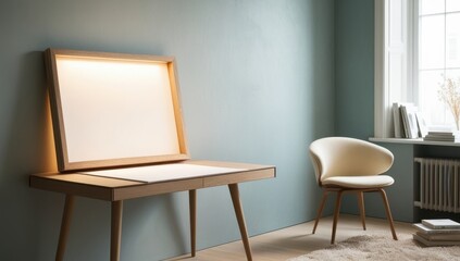 A minimalist workspace featuring a wooden desk and a stylish chair in a serene room.
