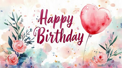 A colorful watercolor birthday card with floral elements and a heart-shaped balloon, perfect for celebrations and greetings.