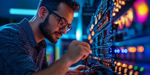 a network admin troubleshooting connection issues, tools and logs being reviewed to ensure optimal network performance