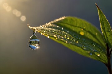 A close-up macro shot of a single raindrop delicately clinging to a green leaf, reflecting the morning sunlight with sharp focus and natural beauty.
