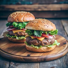 A hamburger with two meats on a wooden board 