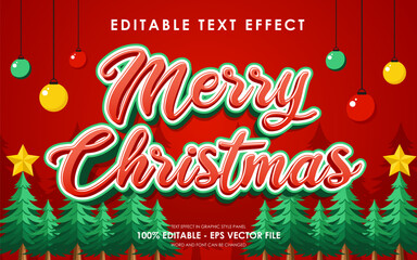 Editable Merry Christmas Text Effect with a Christmas tree and decorations in the background, suitable for a Christmas theme design. text effect in graphic style panel.
