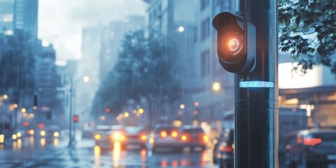 Fototapeta premium Focused image of an environmental sensor in a smart city, collecting pollution and weather data, enhancing urban living through IoT