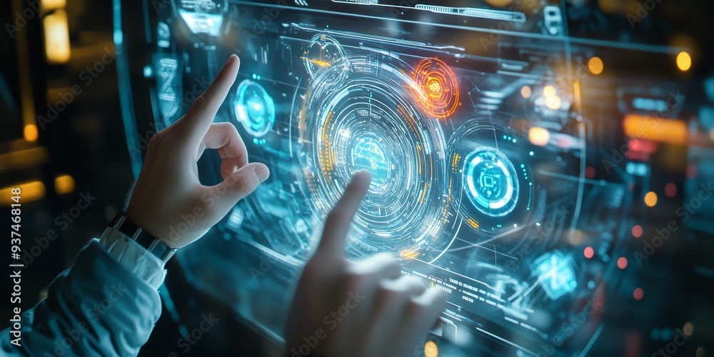 Poster a futuristic AR interface, holographic controls floating in mid-air, user interacting with digital elements through intuitive gestures