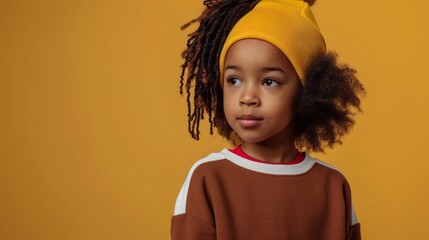 A young child stands confidently, wearing a warm brown and rust colored sweatshirt paired with a bright yellow beanie, radiating joy and style against a sunny yellow backdrop