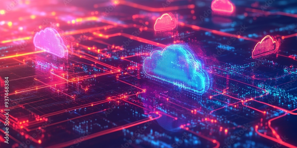Aufkleber cloud servers syncing with network devices, secure data transfer visualized with glowing pathways