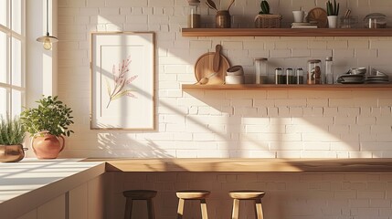 Sunlight streams through a window onto a rustic kitchen counter with wooden shelves and stools.