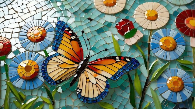 Fototapeta image of butterflies fluttering among wildflowers in g background