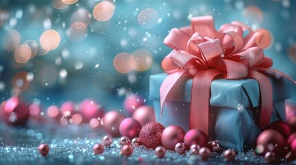 A beautifully wrapped gift with a pink ribbon is placed among festive decorations, capturing the spirit of the holiday season in a cozy, snowy setting