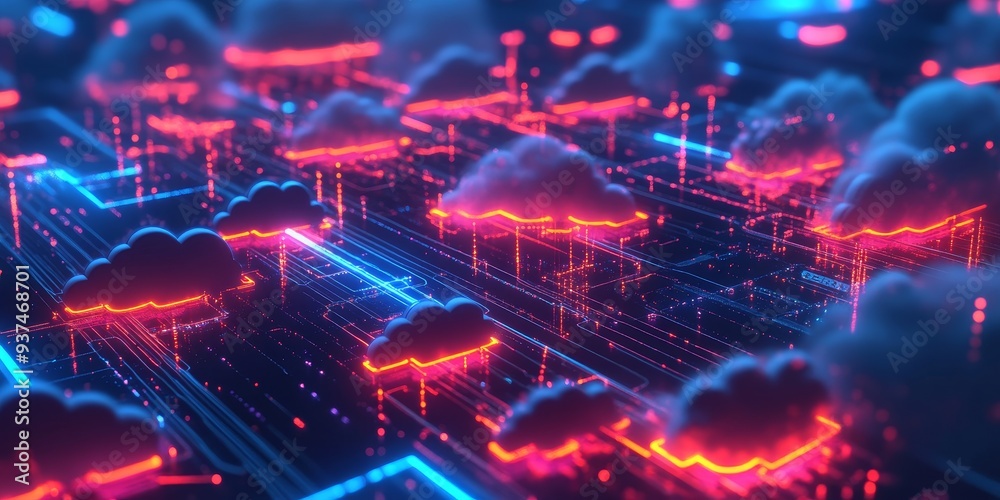 Poster cloud servers syncing with network devices, secure data transfer visualized with glowing pathways