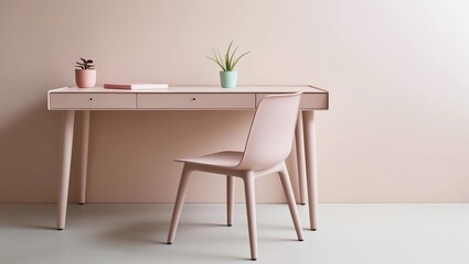 Minimalist home office with a pastel-colored desk and chair