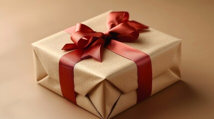 A beautifully wrapped gift sits on a soft, neutral-colored surface, showcasing elegant ribbon details that enhance its charming appearance for any occasion