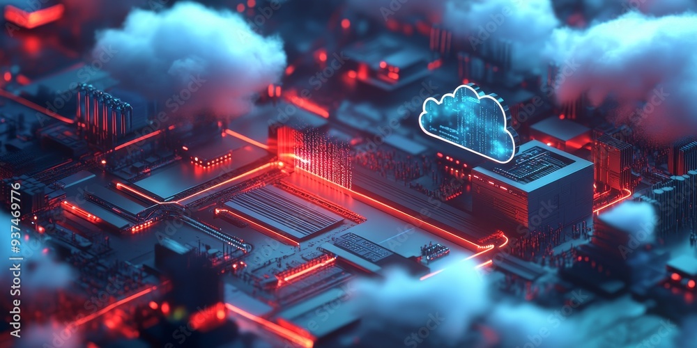 Poster a hybrid cloud setup, data being seamlessly transmitted between public and private clouds