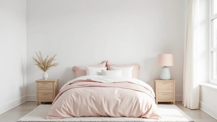 Serene bedroom with white walls and a bed dressed in soft pastel bedding