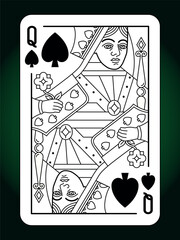 Queen Spades  suit playing card, vintage classic design, isolated on white, editable vector stroke line.