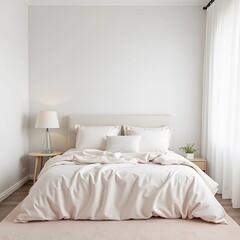 Naklejka premium Serene bedroom with white walls and a bed dressed in soft pastel bedding