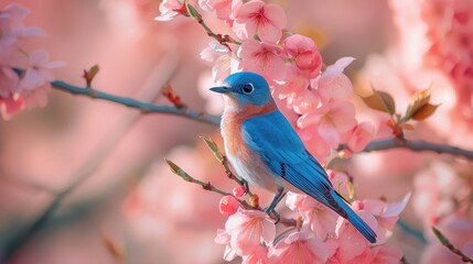 Bluebird Perched on a Branch Amidst Delicate Pink Blossoms