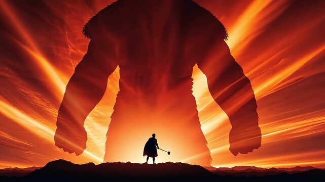 Silhouetted figure facing a giant imposing shadow at sunset