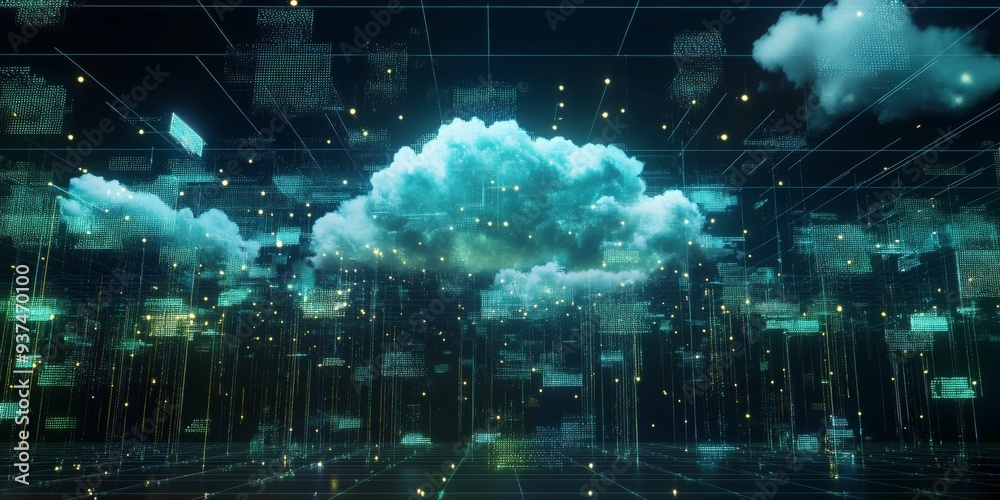 Poster a hybrid cloud setup, data being seamlessly transmitted between public and private clouds