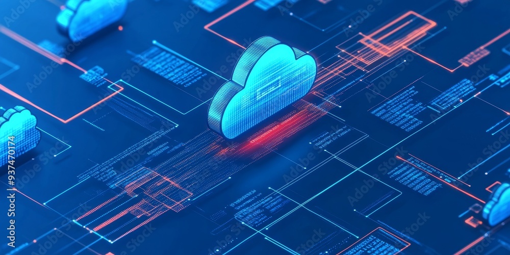 Poster a hybrid cloud setup, data being seamlessly transmitted between public and private clouds