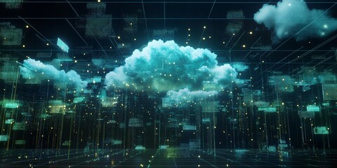 Obraz premium a hybrid cloud setup, data being seamlessly transmitted between public and private clouds