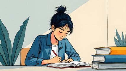 Young Student Studying Diligently at her Desk
