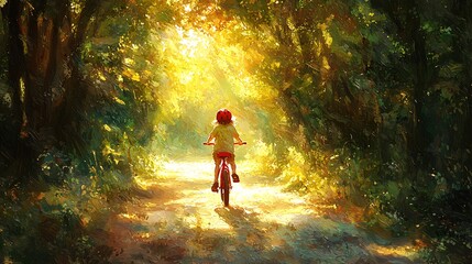 Child riding bike through forest path with sunlight, blending the warmth and beauty of nature with the carefree spirit of a child's adventure.