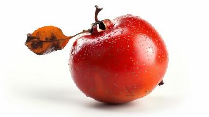 Fresh Red Apple with Stem and Leaf on White Background
