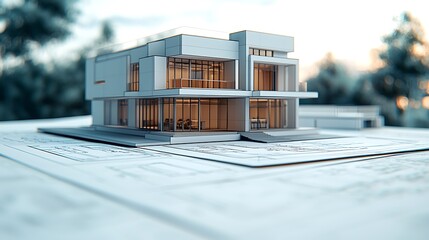 Modern house architectural model on blueprints, showcasing the transition from concept to reality in the design and construction process.