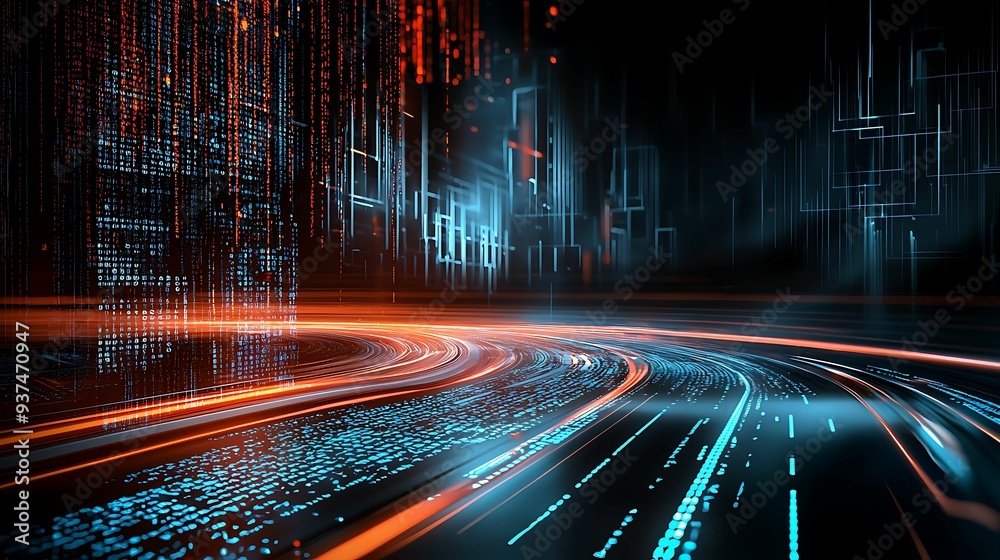 Wall mural digital landscape simulation with conceptual design, integrating cyber elements, copy space for text