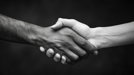 A close-up of two hands shaking, symbolizing partnership and agreement in a monochrome style.