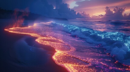 Glowing Waves on a Beach at Sunset