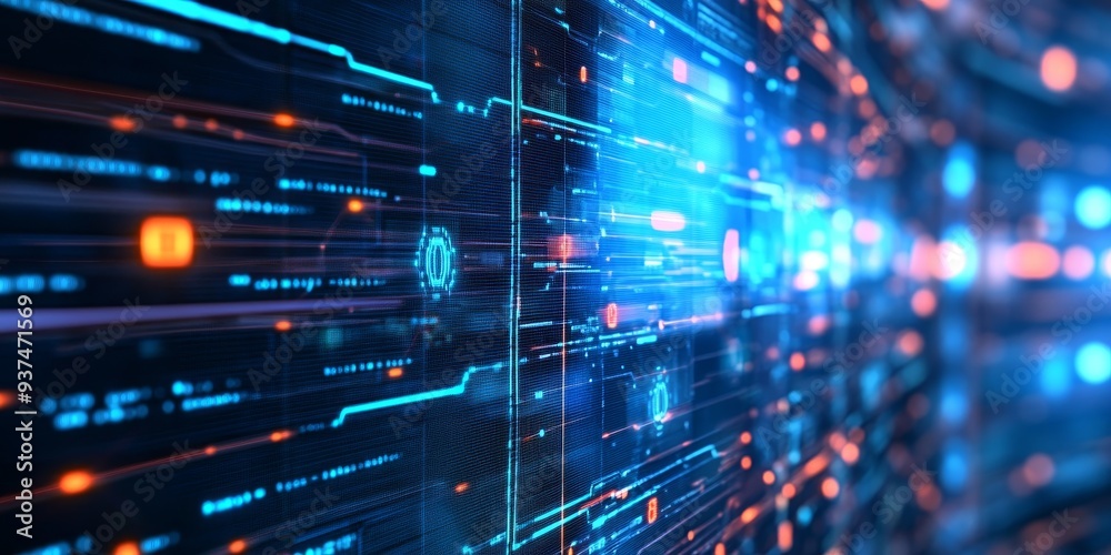 Poster an enterprise networking solution, complex network diagrams on a monitor, optimized for high performance
