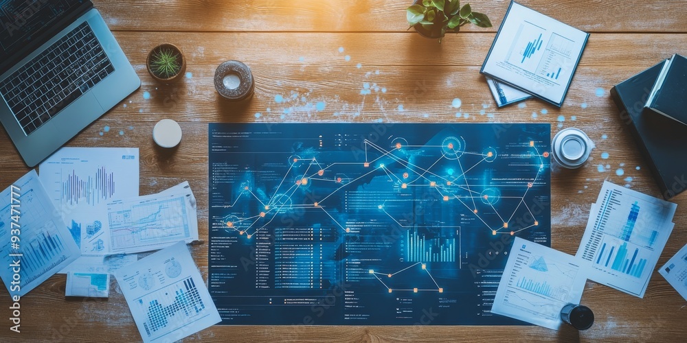 Aufkleber a networking consultant's desk, strategy diagrams and performance reports for a large network deployment