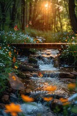 Fototapeta premium Butterflies and a Stream in a Sun-Dappled Forest
