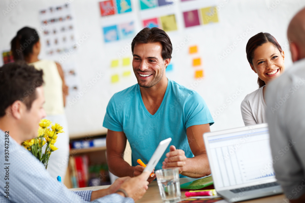 Poster business people, office and staff meeting with tablet and social media management with strategy. wor