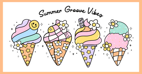 Groovy Pastel Ice cream Doodle Banner Trendy Retro Ice Cream Summer doodle Drawing