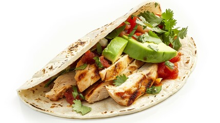 A soft taco with grilled chicken avocado slices salsa and cilantro isolated on a white background