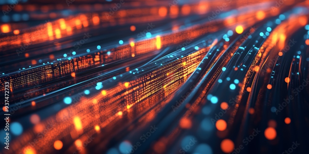 Poster fiber optic cables transmitting data, bright light pulses visualized as high-speed data streams