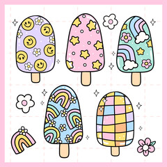Groovy Pastel Popsicle Doodle Set Trendy Retro Ice Cream Summer doodle Drawing