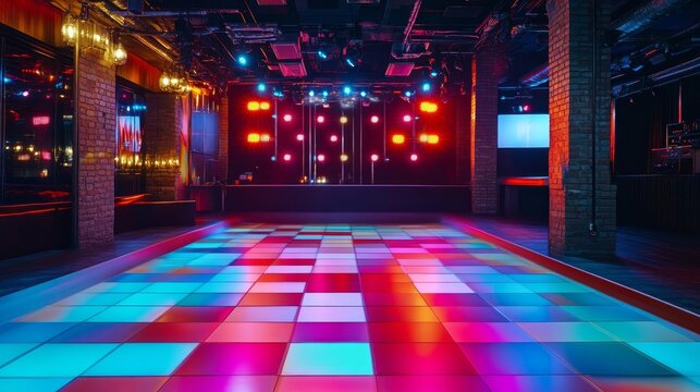 Vibrant dance floor illuminated with colorful lights, perfect for nightlife and party themes in a modern venue.