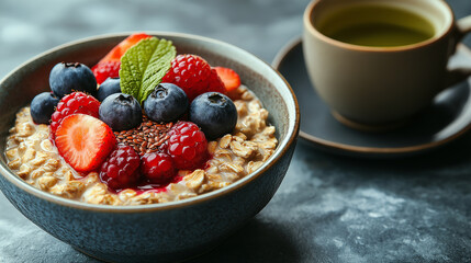 A beautifully arranged breakfast with oatmeal, berries, and a sprinkle of flaxseeds, with a cup of green tea beside it, promoting cognitive wellness, with copy space