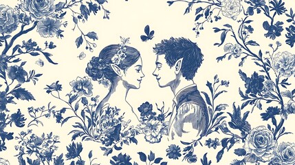 Fototapeta premium Blue floral couple portrait with pointed ears, capturing the mystical and fantasy elements of a serene and otherworldly scene.