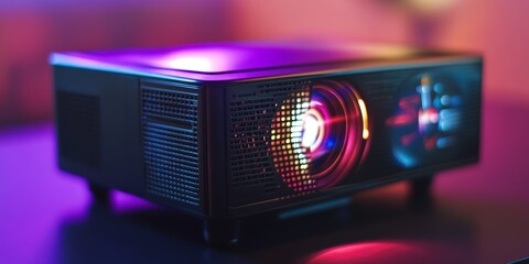Detailed view of a portable projector, lens shining with vibrant display output, compact design, modern media consumption